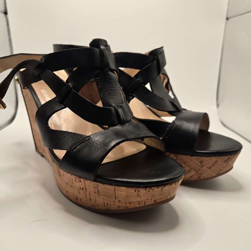 Guess Wedge Sandals Womens 8.5 Black Leather Cork Strappy Platform (S11)